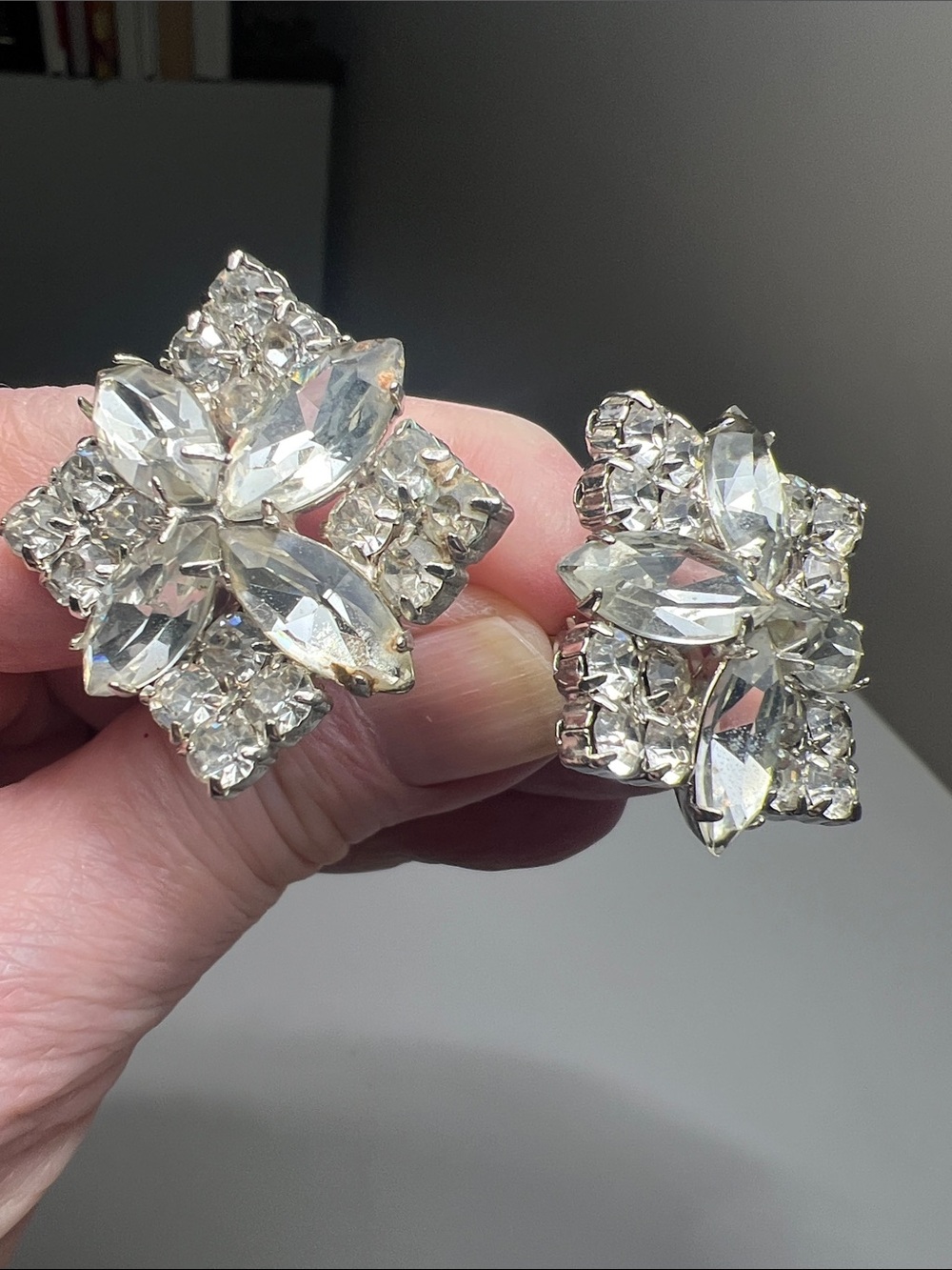 Sparkling Crystal Cluster Statement Clip On Earrings - Clear -  Estate Vintage